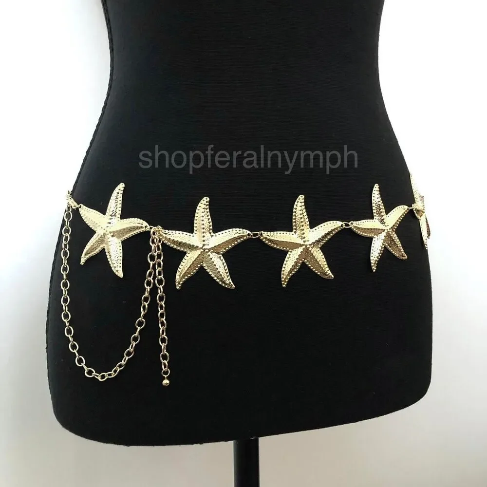 Vintage Y2K Mermaidcore Gold Starfish Chain Belt, Fits 13–44 Inches, X7GA1161